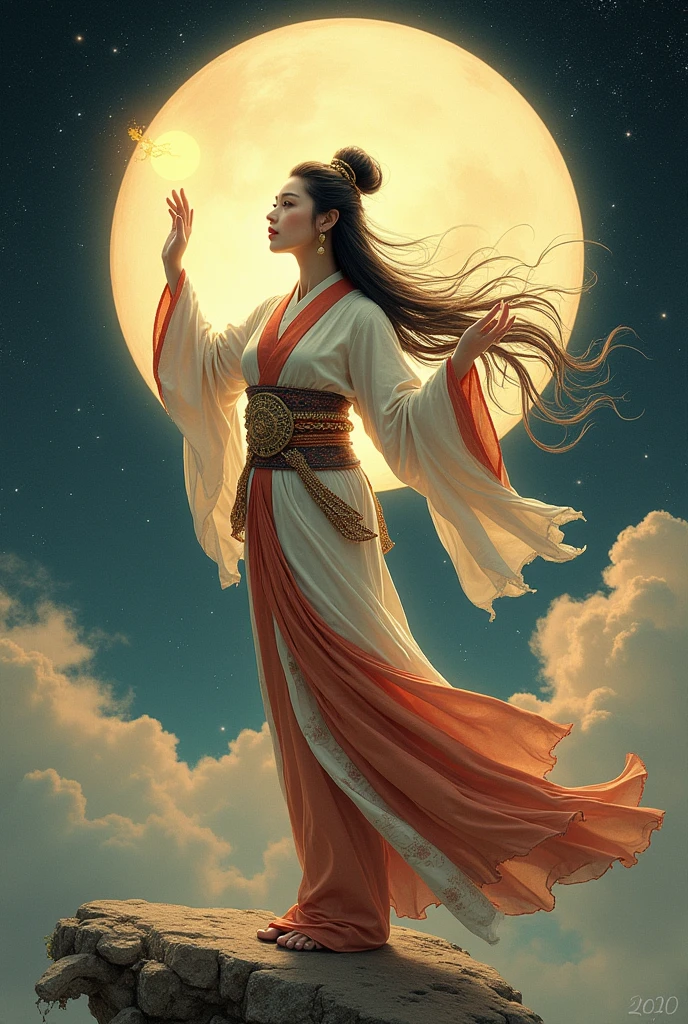 ((best quality)), moon goddess chang'e and a moon behind and ancient Japanese style and levitating as if she wanted to reach the moon, One of her hands is raised towards the moon, It must look old, the sleeves of his suit are long