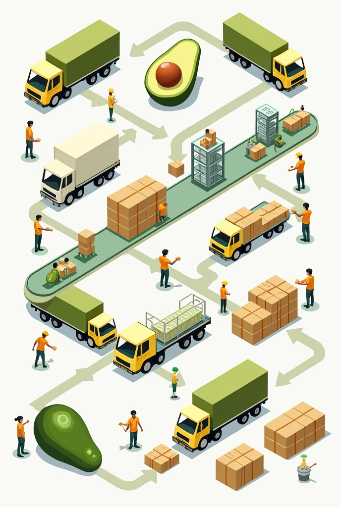 Create a layout or image that indicates procedures in order indicated by arrows. 1. Truck arrives at a factory to deliver avocado jams, 2. People download java and stack it, 3. Javas go through a shower. 4. The javas are dumped onto a belt and then passed through two water sprayers, 5. Follow the belt and people appear who select the avocado, 6. At the end of the belt, people fill the avocados into boxes., 7. People stack the boxes, 8. Stacked boxes are taken to containers on trucks or trailers. The image has to follow the sequence ordered by numbers, This is the process inside an agro-export factory. There is only one strip that connects and the avocado is whole., does not break.