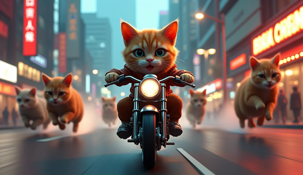 A thrilling 3D render of a fearless cat astride a sleek motorcycle, weaving through a bustling city landscape. The cat's eyes are sharp and focused, and it wears a tiny leather jacket. In hot pursuit are a pack of menacing cats, their teeth bared and claws extended, ready to pounce on their high-speed target. The background showcases a dynamic cityscape with neon lights and tall buildings, creating a cinematic and action-packed atmosphere,Detailed faceHigh definitionClear featuresFacial clarityUltra-realistic skin textureHyper-detailed facial featuresPhotorealisticIntricate detailsClose-upCinematic lightingFine detailsHigh resolutionPerfect symmetryExquisite detailsHigh contrast lightingDetailed eyesClear focusMeticulous details Rendering quality 3DPerfectly definedExtremely super detailed, ultra HD 8k resolution, cinematic mode 3D rendering, highest degree of mega pixel size,Professional DSLR lighting and shadows, wildlife photography, cinematic, 3d render.