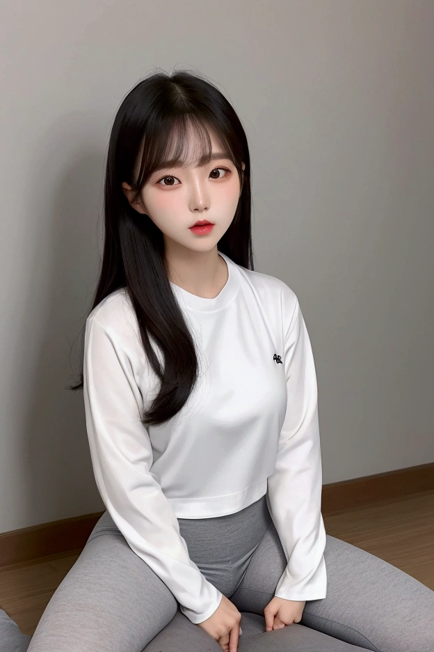 A Korean woman wearing white shirts and gray leggings is sitting on a lying man and clenching her fists, young korean girl, Idol 