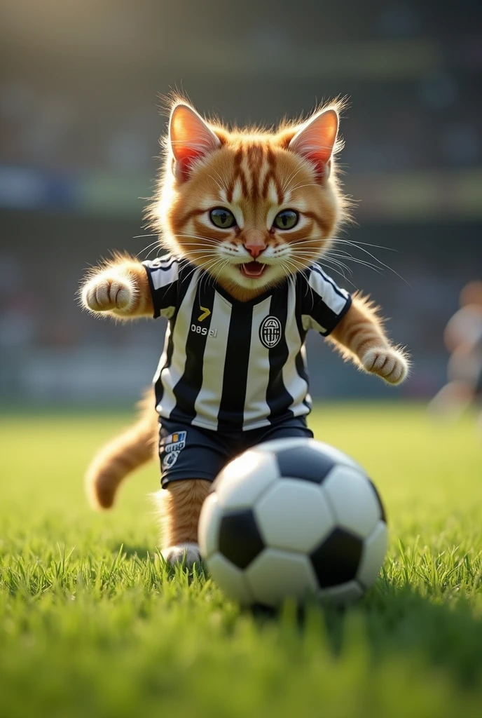Cat playing soccer with black and white vertical striped shirt 
