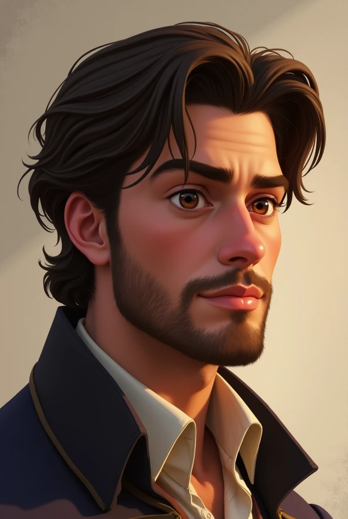 Man aged 25 - 27 years, similar to Prince Eugene from Tangled, height greater than or equal to 1.80 m, with brown eyes, hair neither too long nor too short, shadowed beard, with bushy eyebrows and a straight nose.