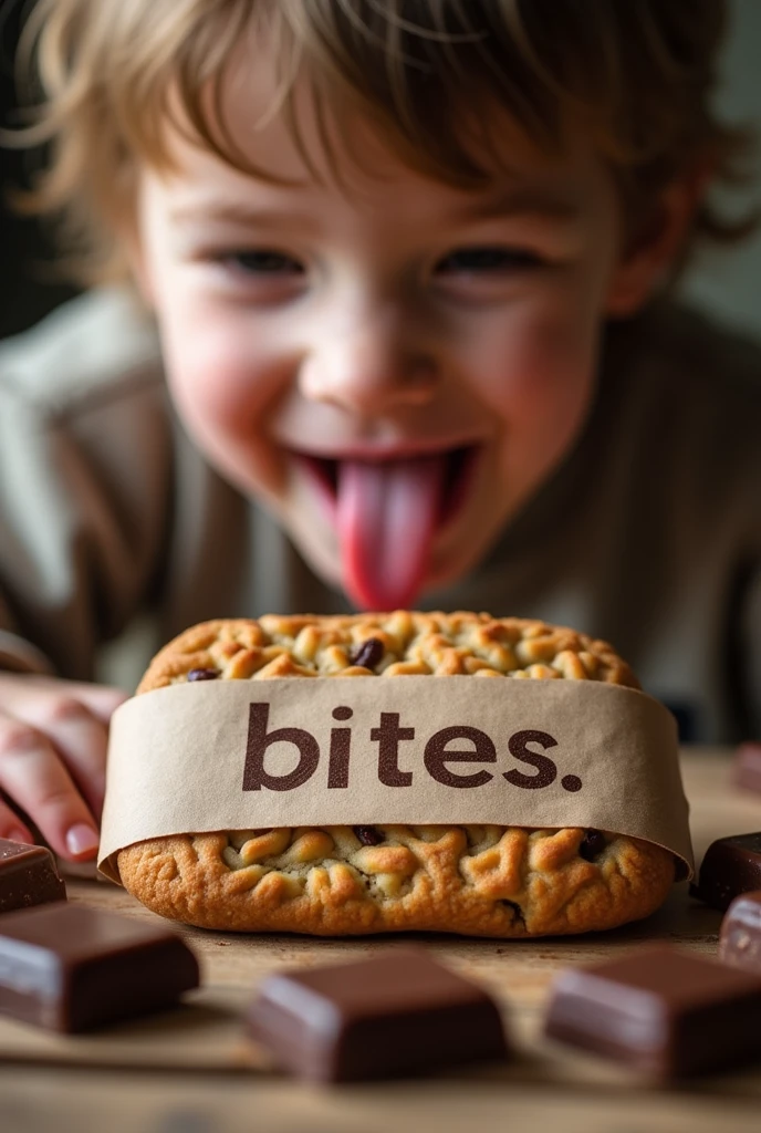 A horizontally shaped cookie wrapped in brown paper and has "bites" written on it in white letters with a brown border next to it. It has chocolate squares next to it. There is a child looking at the cookie with his tongue out and smiling with happiness at seeing the cookie.