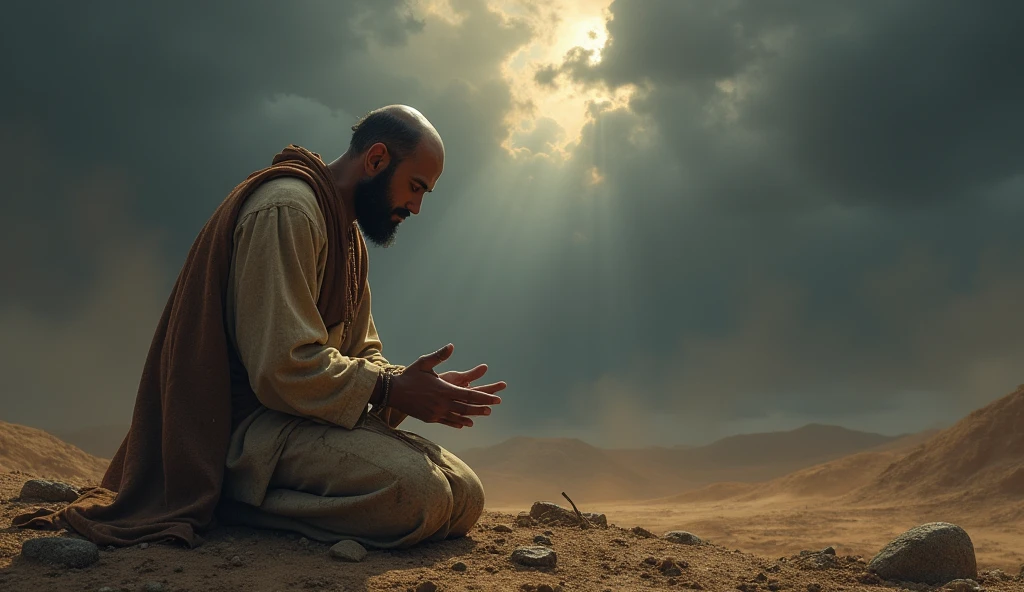 A deeply emotional biblical scene showing Job in a state of mourning and humility. He is depicted on his knees, with his face to the ground, in an arid landscape, his garments torn, and his head shaved as a sign of grief. The surrounding area is barren, reflecting the desolation he feels. Despite the overwhelming loss, Job is shown in a posture of worship, hands spread out as he prays. The sky above is a mix of dark clouds and a small ray of light, symbolizing his unwavering faith in God even in the midst of profound suffering, as described in the story of Job. cabeça branco e roupa rasgada sujo 
