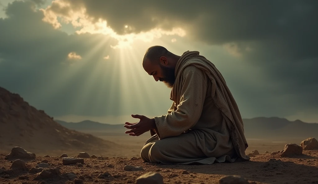 A deeply emotional biblical scene showing Job in a state of mourning and humility. He is depicted on his knees, with his face to the ground, in an arid landscape, his garments torn, and his head shaved as a sign of grief. The surrounding area is barren, reflecting the desolation he feels. Despite the overwhelming loss, Job is shown in a posture of worship, hands spread out as he prays. The sky above is a mix of dark clouds and a small ray of light, symbolizing his unwavering faith in God even in the midst of profound suffering, as described in the story of Job. cabeça branco e roupa rasgada sujo