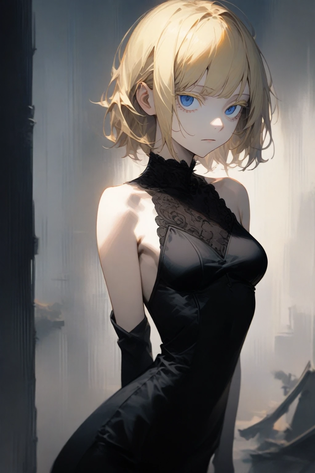 masterpiece, best quality, very aesthetic, absurdres,1girl,blonde hair,short hair,disheveled hair,(colored eyelashes),(blonde eyelashes),(blue eyes),(sharp eyes),(slanted eyes),choppy bangs,medium breasts,prostitute,brothel,clear face,expressionless,