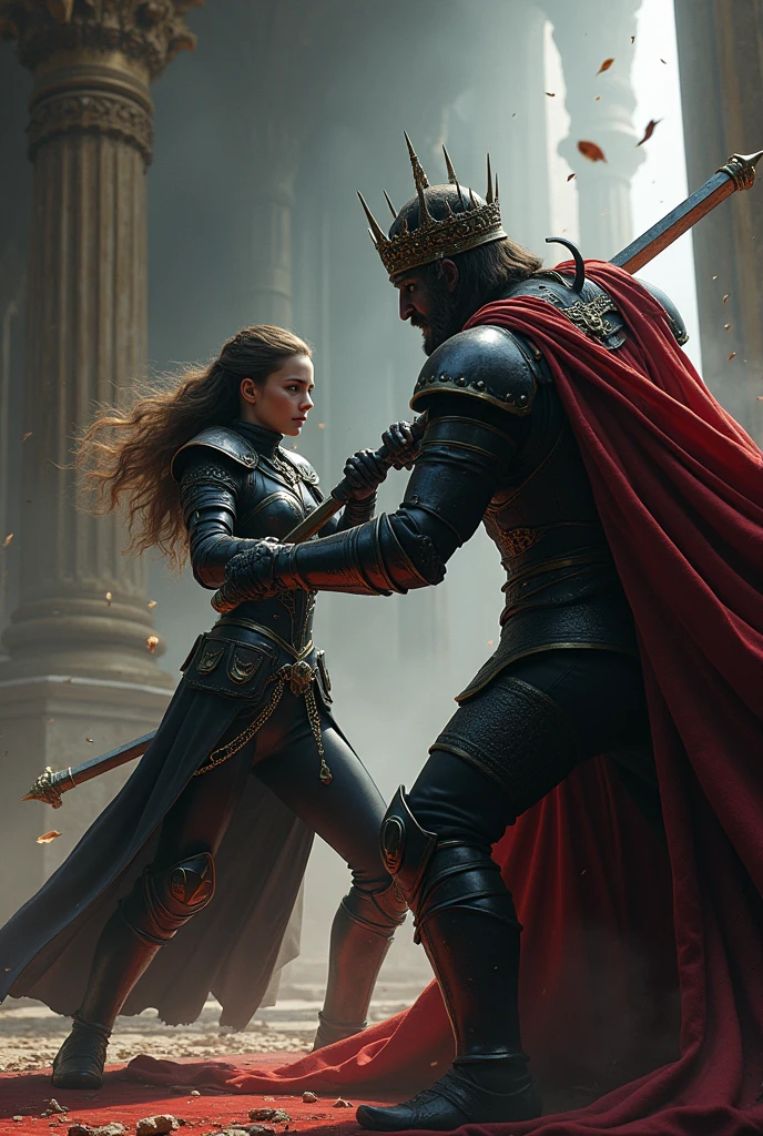 Girl in black armor fighting with the evil king
