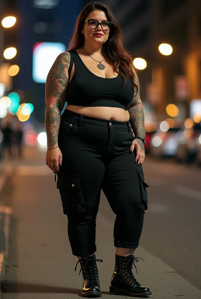 Short 4’11, chubby, 2 woman with black glasses, long brown hair, covered in tattoos, wearing black cargo pants, a black tank top and combat boots, on a city street at night, realistic style