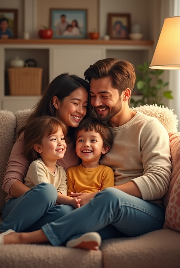 Happy family on the couch at home
