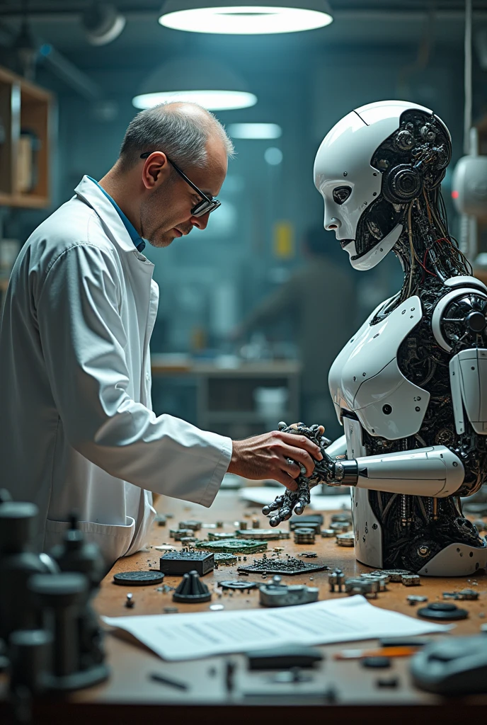 A scientist in a workshop building a robot