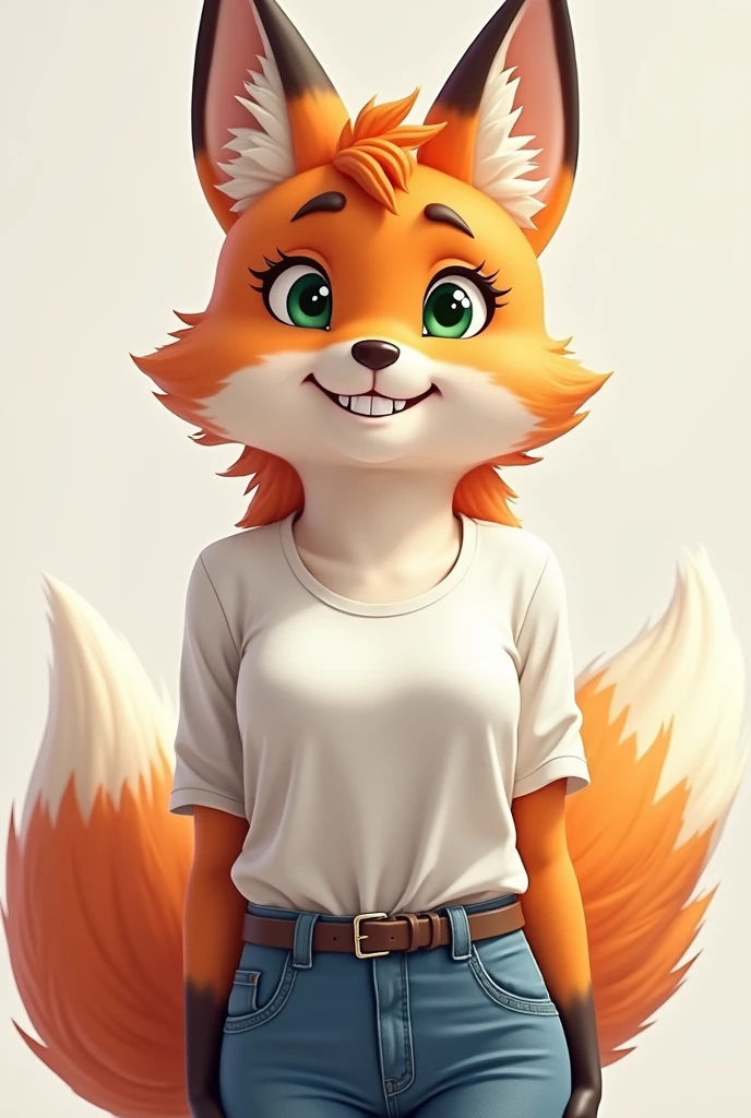 Female furry hybrid half rabbit and half fox, with ears and face and body of a rabbit, and fur color of a red fox, fox teeth and fox tail, with green eyes and purple with a smile on her face with a white blouse and jeans