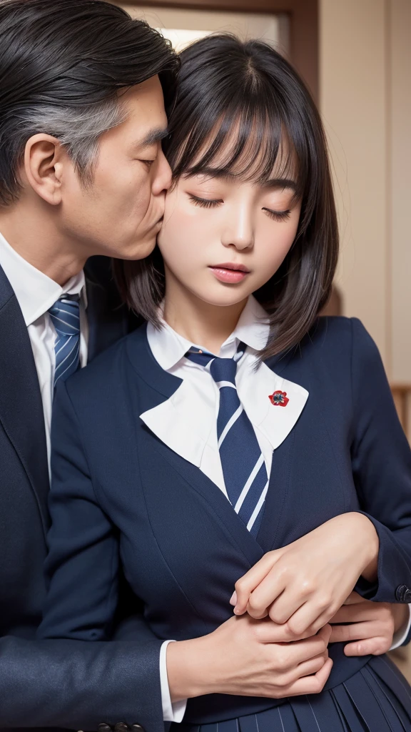 ((masterpiece, Highest quality, High resolution)), A Japanese high school girl and her father in his 40s share a passionate kiss with their tongues entangled、(Realistic: 1.4), Excited、Closed eyes、close your eyes、Closed Mouth、Shut your mouth.、Great face,Glossy Lips、, Silver Hair、Silver Hairのショートヘア、(Beautiful Hair:1.5), Slender、Japanese High School Uniform、(Navy Blue Blazer、Navy blue jacket)、(White dress shirt)、(Red tie)、(Very short pleated skirt)、At the bed、((A deep kiss with my father in his 40s、My father&#39;s mouth covers my lips))、Detailed and real fingers、Smooth, Highly detailed CG composite 8K wallpaper, High resolutionのRAWカラー写真, Professional photography, Light, BackLight, dream-like, impressive, Written boundary depth, (Face close-up:1.5)