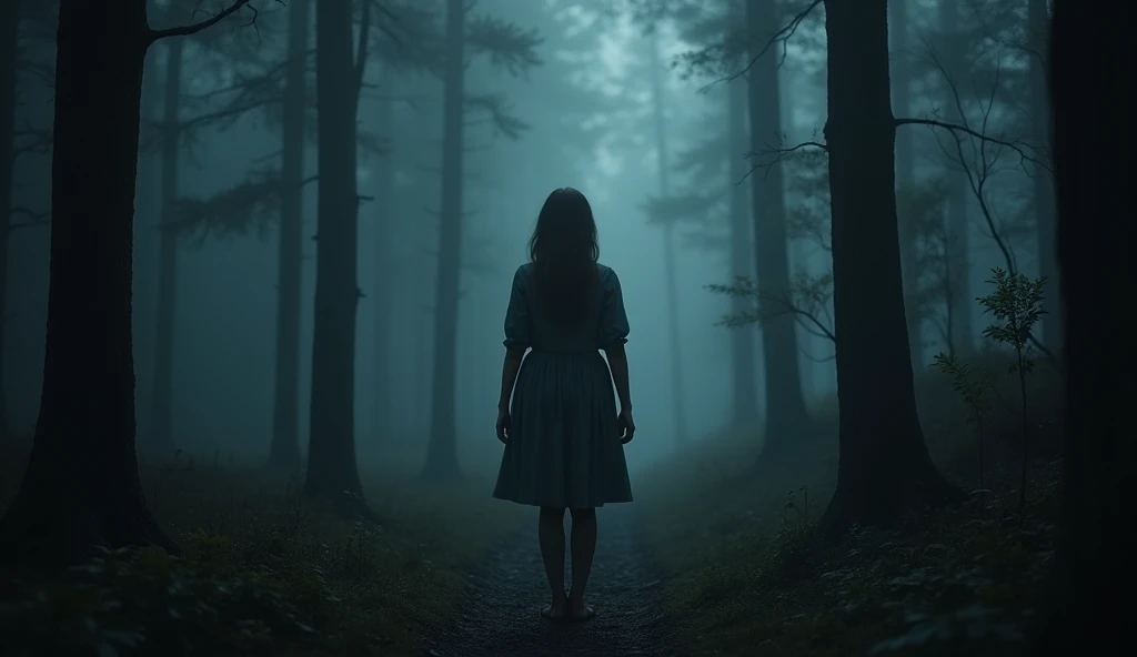 A lonely girl in a dark foreste backward