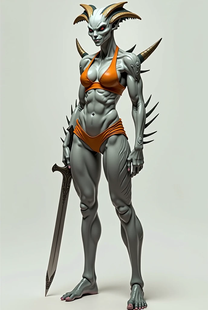 A detailed and realistic image of a female Karnathi humanoid character standing alone. She is 1.8 meters tall, with a lighter gray skin tone. She wears undergarments in striking, contrasting colors that stand out against her skin, adding a visual highlight to her appearance. Her face is harmonized, blending subtle human-like features with the distinct characteristics of her species, and she is smiling confidently while holding a long dagger.
The bone-like scales on her body are of a lighter shade of gray, creating a noticeable contrast with her skin tone and adding texture to her appearance. These scales are smooth and minimal, serving as a subtle accent rather than dominating her appearance. The only bony protrusions present are small and crown-like, located on her head, adding a distinct yet refined touch to her look. Her overall appearance is muscular and athletic, with a natural and balanced aesthetic. The background is neutral, ensuring the focus remains on the detailed and lifelike portrayal of this Karnathi female character.