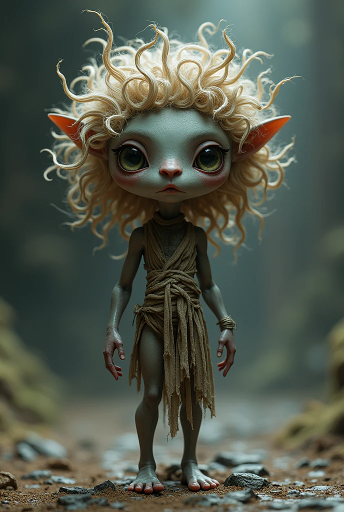 generate image of human-looking creature, de 1,20 meters, very curly and voluminous hair, round-eyed, wearing rags, thin and barefoot
