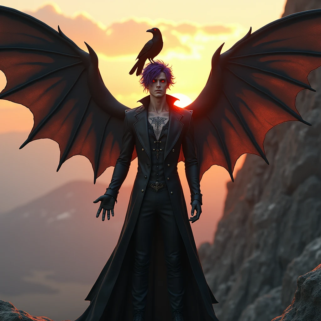 Angel male 30 years old, pale skin, luminescent red eyes, purple hair, big and black bat wings, wearing black suit, with piercings and old tattooed symbols, holding a crow on top of mountain in sunrise., messy hair, Hyperrealism, god rays, glowing light, UHD, anatomically correct, 1080P