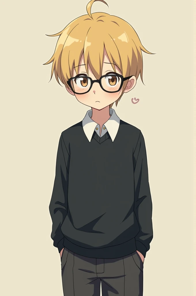 A boy, quite nervous , weak-looking and wearing glasses, blond hair, gentle smile, and hazel eyes, Nervous and shy personality wears a black school uniform, anime style