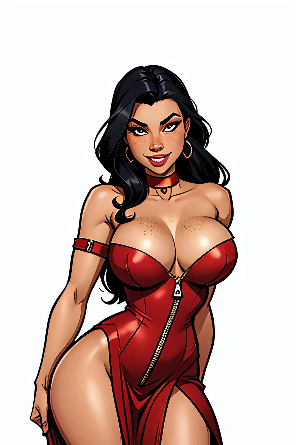 Thin woman (Elexis Sinclaire), 5, 4K (High definition), beautiful smile, seducing gaze, eyes browns, wearing red dress (with side zipper, V neckline), arms positioned at the side of the body, pele caucasiana, Bblack hair (up to the shoulders), standing (trunk), full of curves with freckles on her chest and neck, natural round breash-quality Marvel style, white background.