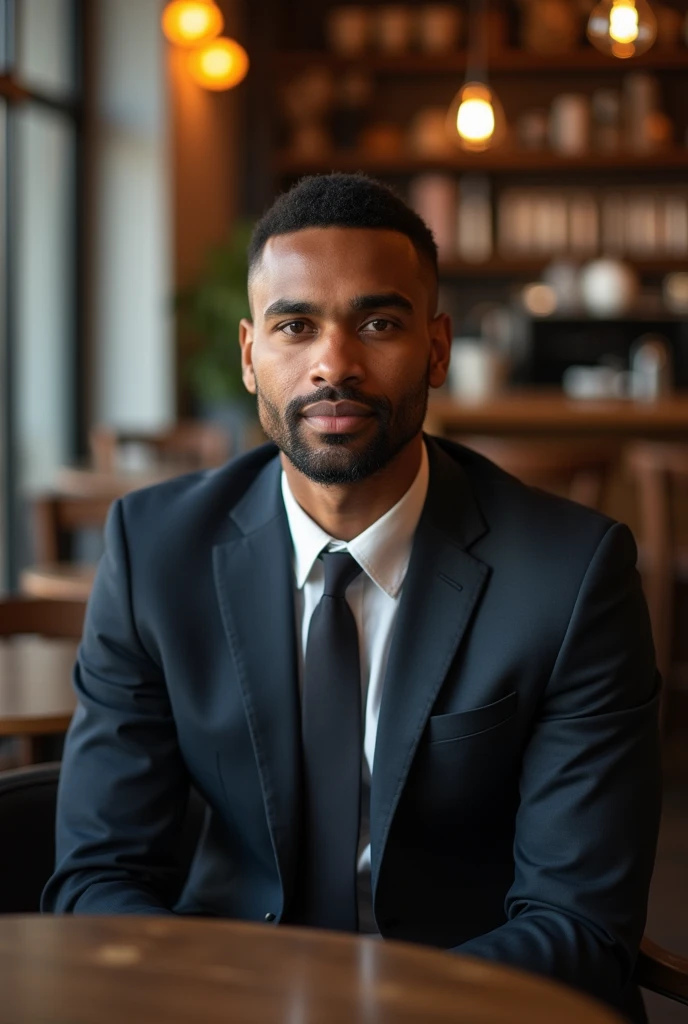 Somali boy age 25 wearing suit sitting in the coffee shop French crop haircut seening the camera