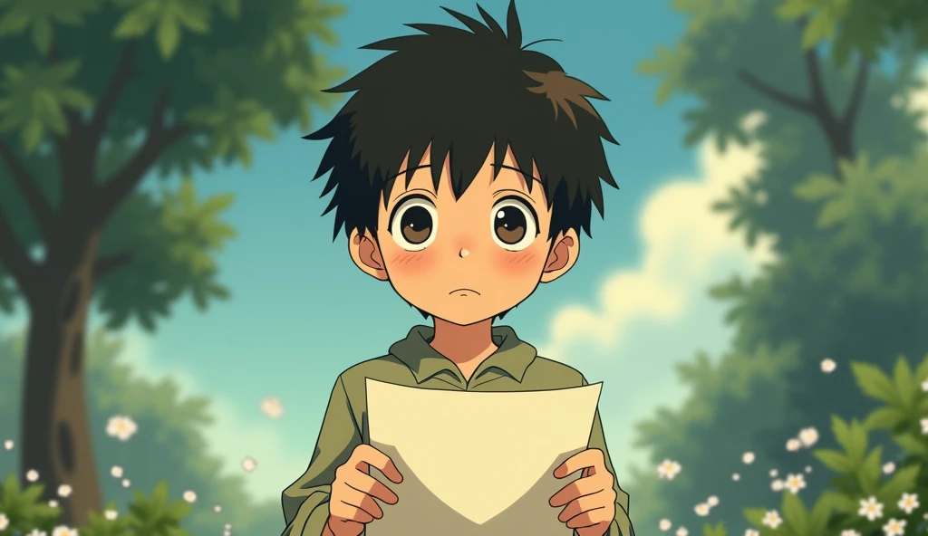 a sad boy holding a paper studio ghibli art style,studio ghibli art style,studio ghibli art style,studio ghibli art style