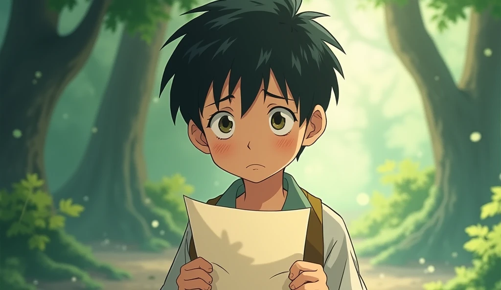 a sad boy holding a paper studio ghibli art style,studio ghibli art style,studio ghibli art style,studio ghibli art style