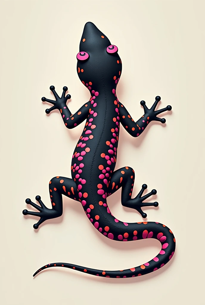 A company logo that is a black tropical gecko with some pink and yellow scales for application on corporate uniforms. It should be seen from a superior perspective, as if it were walking on the ground with all four legs facing away from the image, showing the back of the animal with its head facing north.