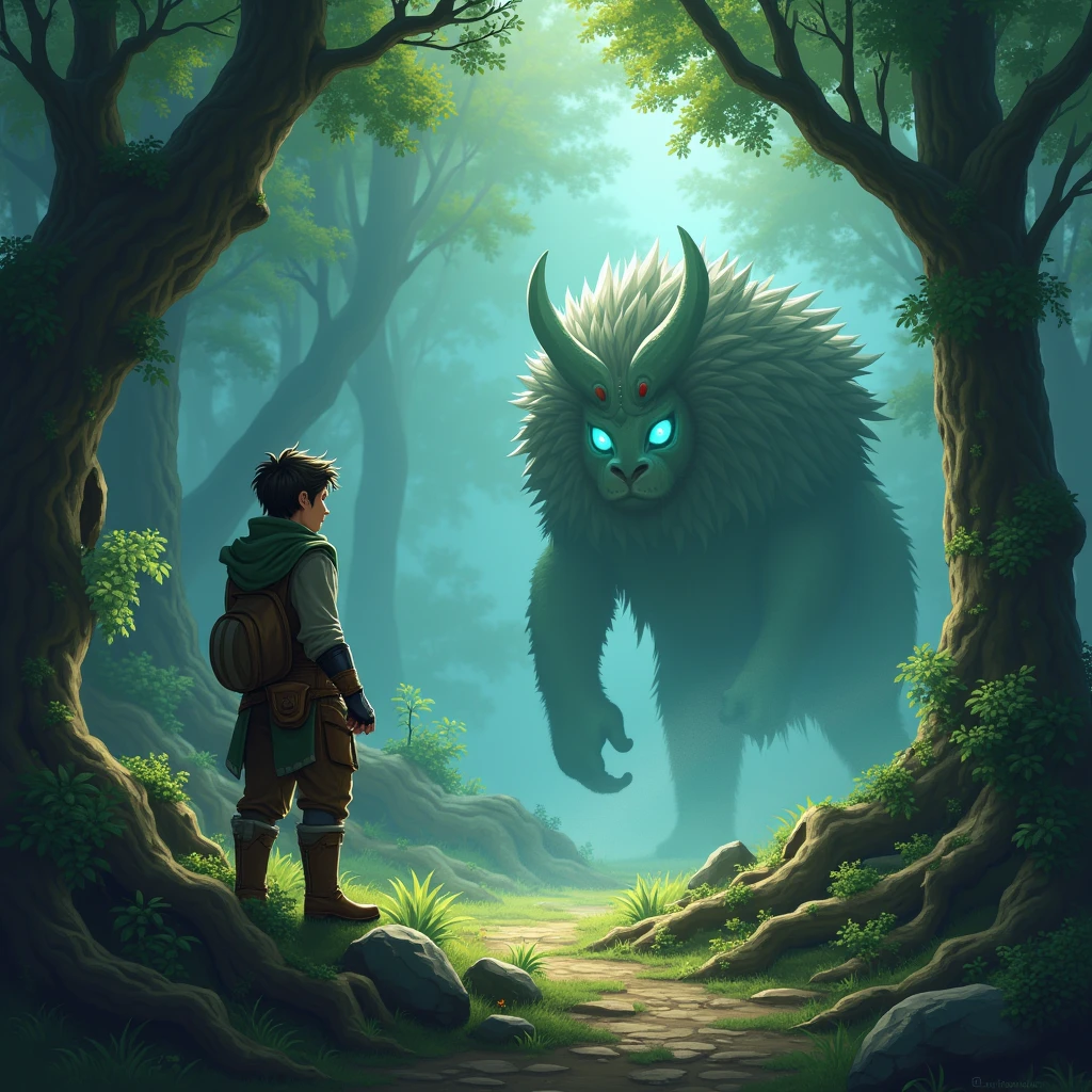 "Kael faces a mystical creature deep in the forest, who challenges you with a riddle, the creature&#39;s glowing eyes fixed on him."