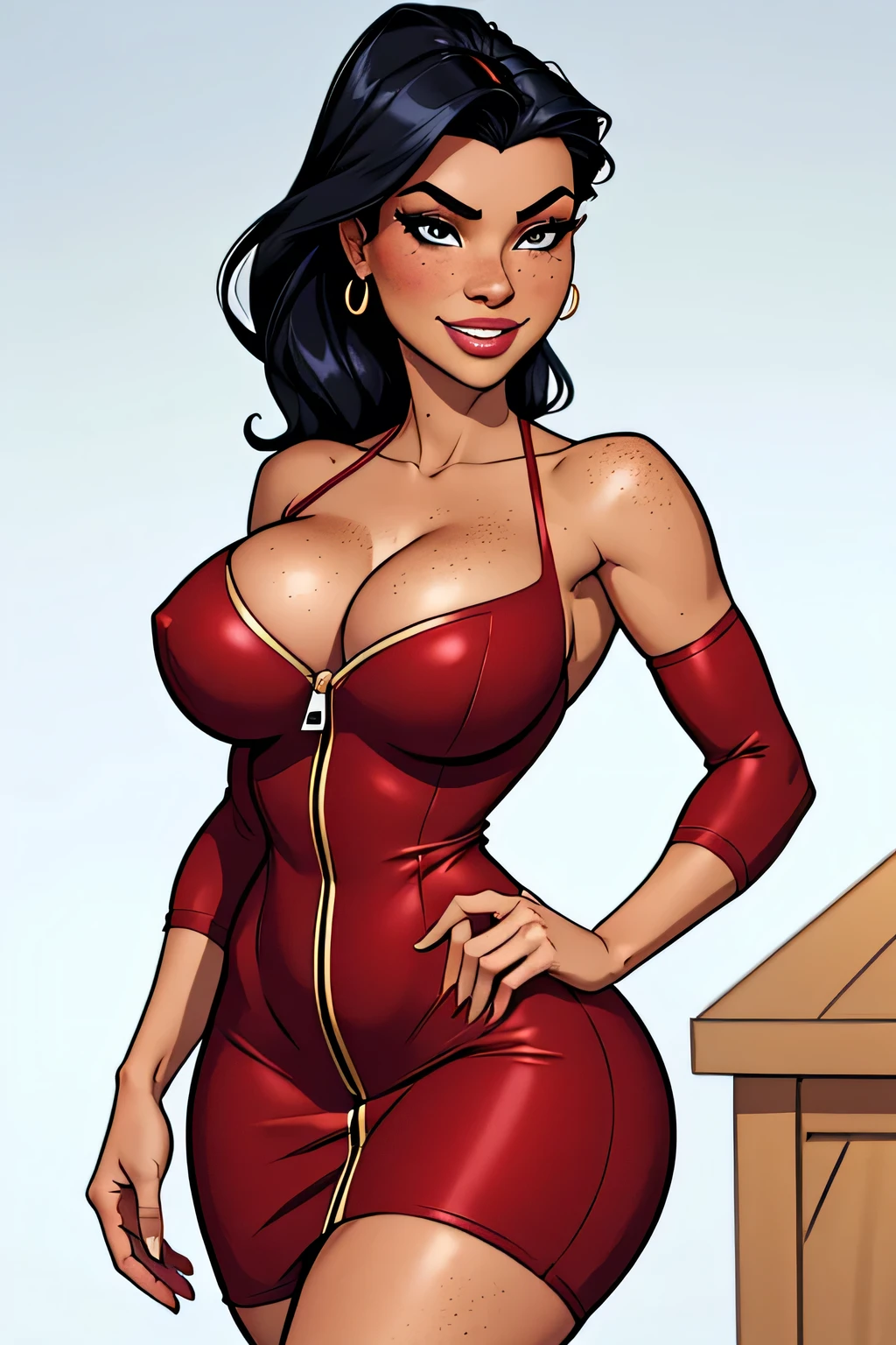 Thin woman (Elexis Sinclaire), age 25, 4K (High definition), beautiful smile, seducing gaze, eyes browns, wearing red dress (with side zipper, V neckline), arms positioned at the side of the body, pele caucasiana, Bblack hair (up to the shoulders), standing (trunk), full of curves with freckles on her chest and neck, natural round breasts. High-quality Marvel style, white background.