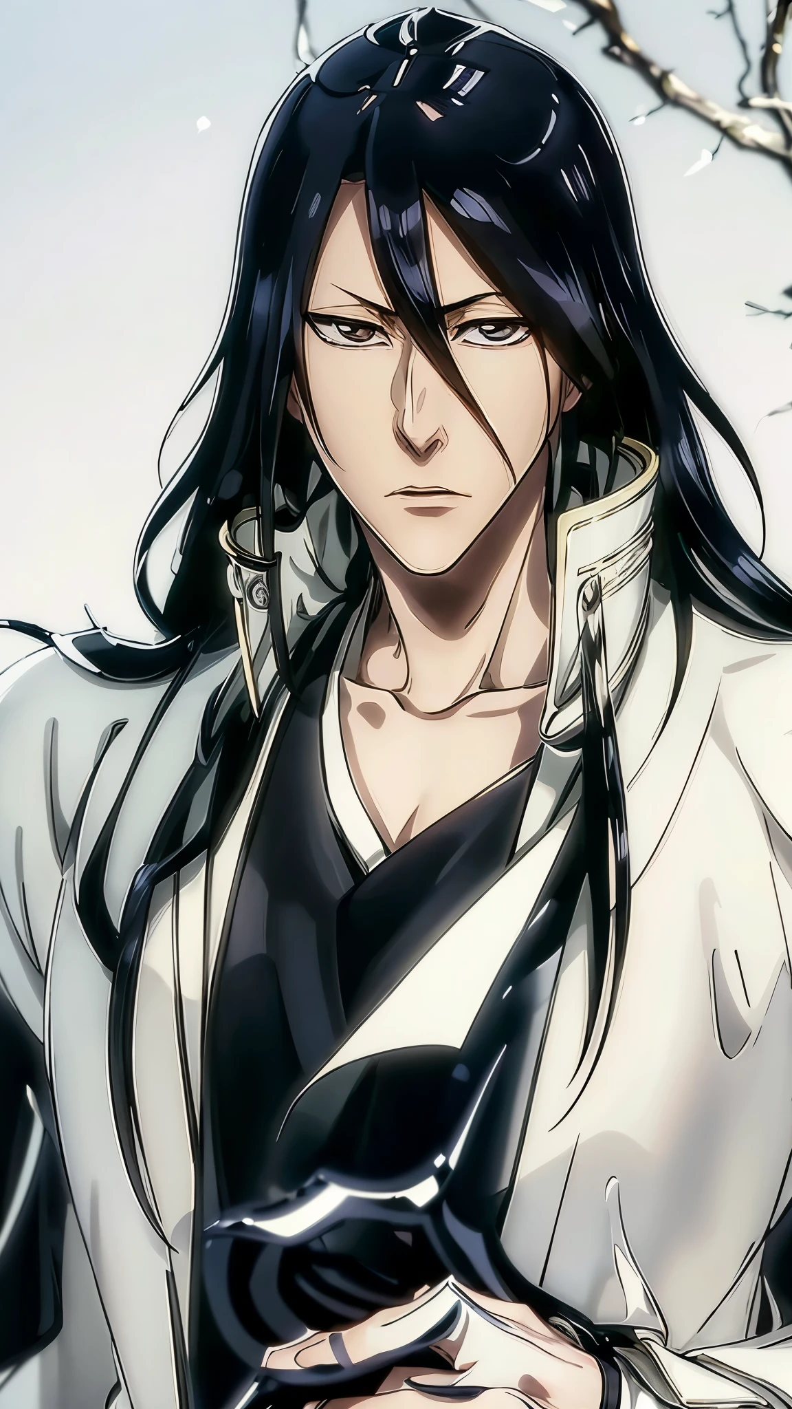 Byakuya Kuchiki from Bleach, handsome, male, black hair, medium-long hair, face detailed, perfect eyes,black clothes, white jacket, pale skin, ((best quality)), ((master part)), ((detailed)), 16k, HDR, RTX, (masterpiece, aesthetic: 1.3), (1 man), perfect hands, (dynamic pose:1.2), close-up, portrait.