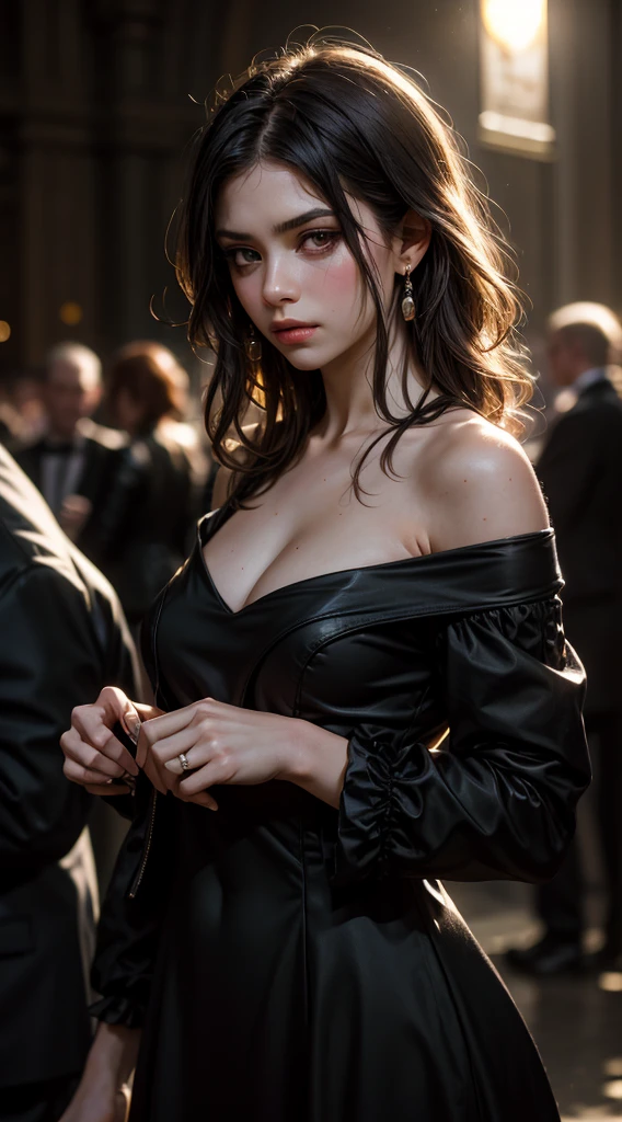 (sharp focus:1.2), 1girl, wearing (little black tdress:1.2) at a (gala:1.2), (moody lighting:1.2), depth of field, bokeh, 4K, HDR. by (Alphonse Mucha:1.1).