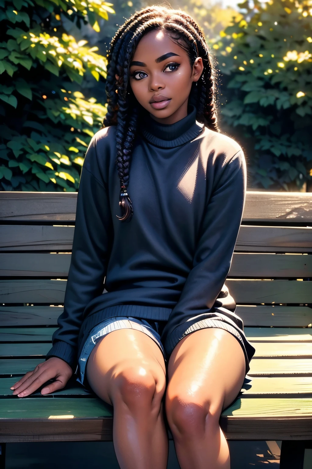 a young black boy wearing a cozy sweater and shorts, beautiful detailed eyes, beautiful detailed lips, extremely detailed eyes and face, long eyelashes, sitting on a bench in a park on a sunny day, (best quality,4k,8k,highres,masterpiece:1.2),ultra-detailed,(realistic,photorealistic,photo-realistic:1.37),HDR,UHD,studio lighting,ultra-fine painting,sharp focus,physically-based rendering,extreme detail description,professional,vivid colors,bokeh,warm lighting,cinematic composition,beautiful natural scenery