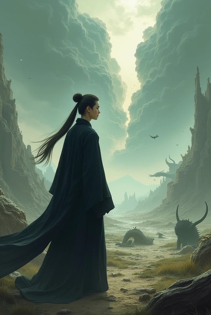 A young man with long hair on his back, tied with a tail and practices the path of the Dao in appropriate black clothing, As you look into the distance you see a battlefield with dead species of elves, dragons, giants among others while the sky collapses. Make it lively and bizarre