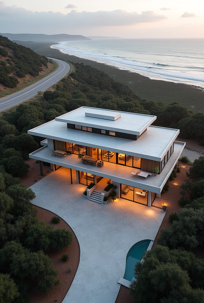 large luxury concrete house in a rural Western Australian coastal port city, coastal port city, luxury house, cyclone-proof, safe, safe from storms, drone shot from above, stable ground, house has driveway, nearby highway, ultrarealistic, soft lighting, 8k