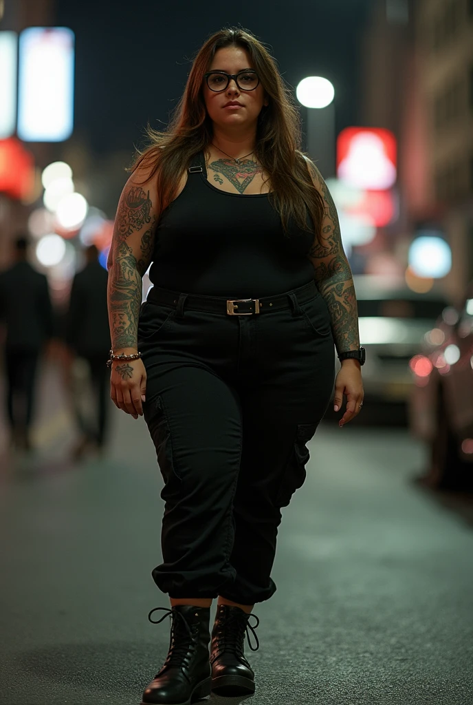 Short 4’11, chubby, 2 woman with black glasses, long brown hair, covered in tattoos, wearing black cargo pants, a black tank top and combat boots, on a city street at night, realistic style