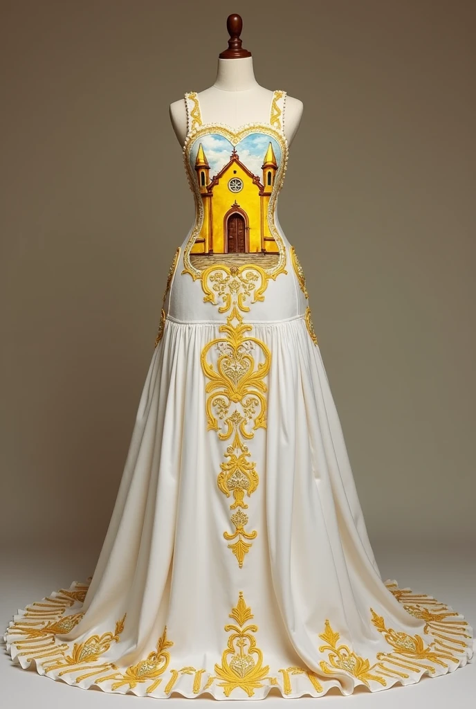 Generate a wedding dress with the following characteristics:
Main color white Color for yellow craft details A yellow church painted in the middle of the dress skirt on the front part The long-sleeved blouse part white with yellow craft details Embroidery on the skirt Put more embroidery on the bottom part and the large church on the bottom part