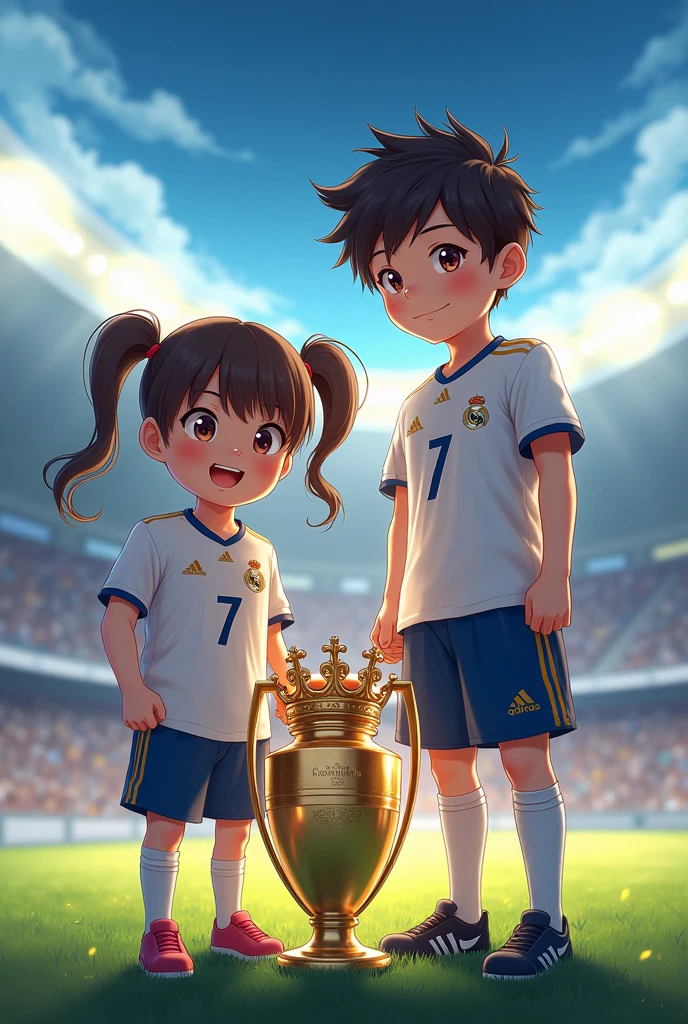 An image with the Real Madrid shirt with the Champions Cup with the number 7 on the back, girl and boy called Irel and Yoni, anime version 
