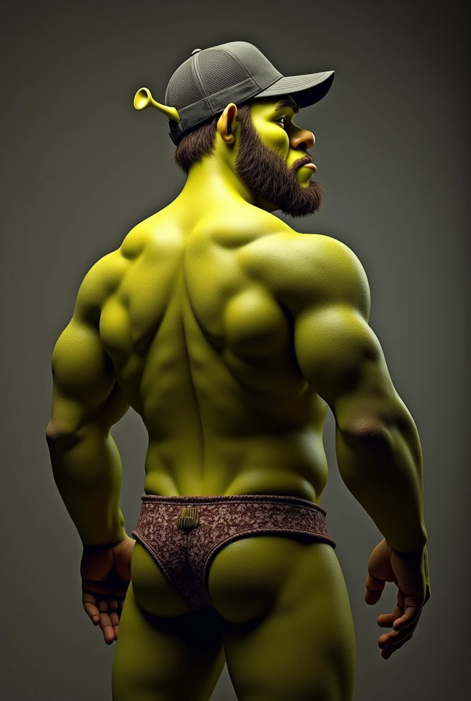 Shrek with facial hair wearing a trucker hat sexy shot upclose of his butt wearing a thong