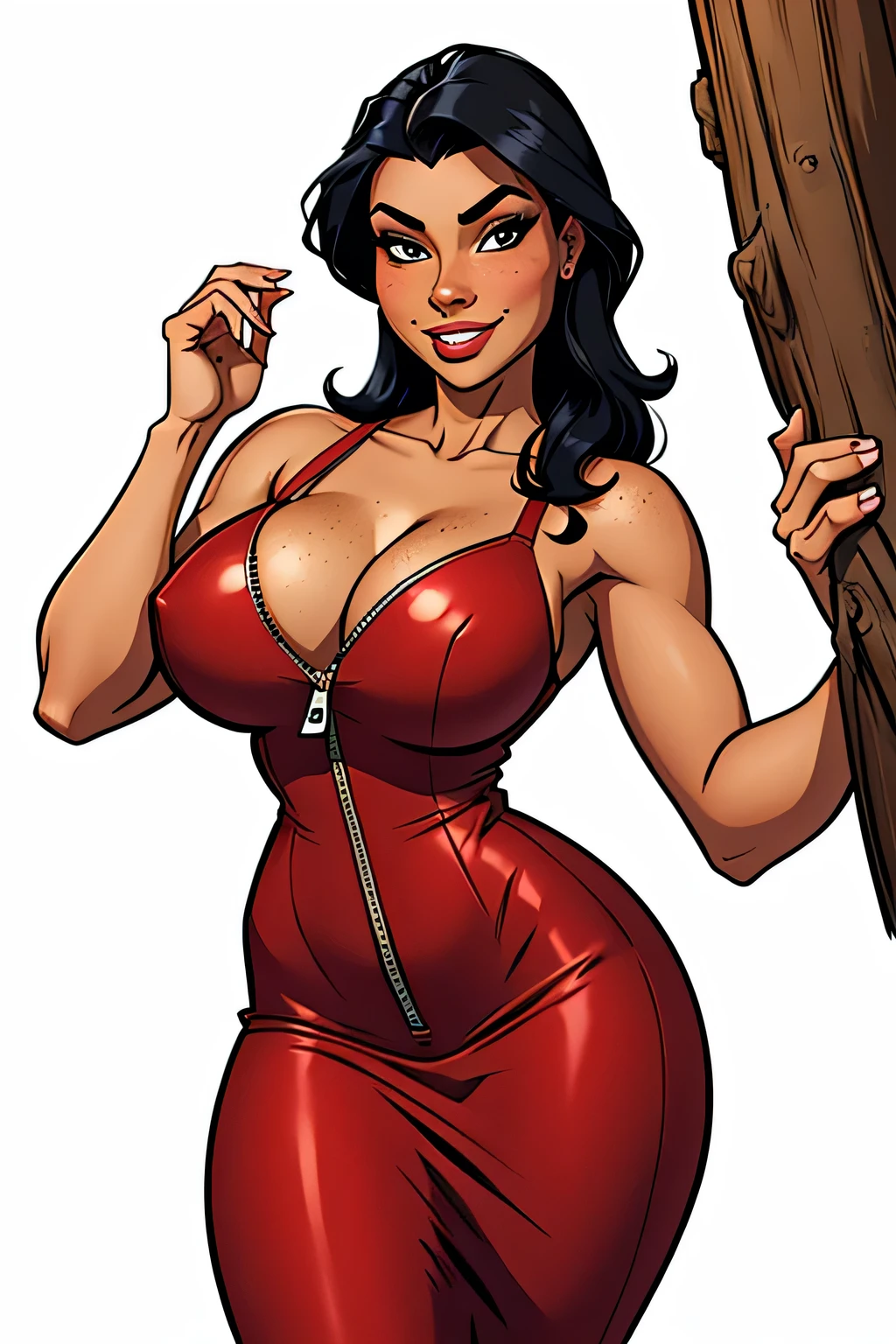 Thin woman (Elexis Sinclaire), age 25, 4K (High definition), beautiful smile, seducing gaze, eyes browns, wearing red dress (with side zipper, V neckline), arms positioned at the side of the body, pele caucasiana, Bblack hair (up to the shoulders), standing (trunk), full of curves with freckles on her chest and neck, natural round breasts. High-quality Marvel style, white background.