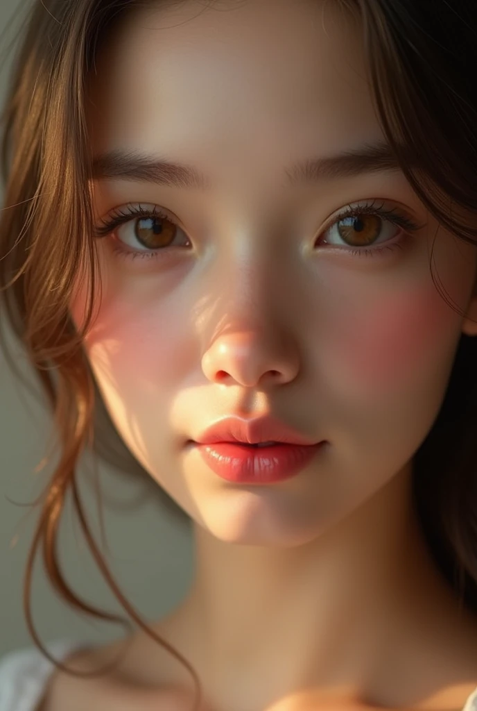 realistic, lip gloss, realistic, best quality, ultra high resolution, depth, pastel colors, natural shadows, focus on face, just a face, looking at viewer, long hair, brown hair, A masterpiece of brown and detailed eyes, best quality), 1 girl, alone, in front,
(shut up), laugh, chapped lips,
glowing skin, thick thighs, white panties, camel toe,
, Seraph, pleated skirt, loafers, Black socks, crouching down, spread legs, Spread her legs, inside, Looking at the audience, anatomically correct