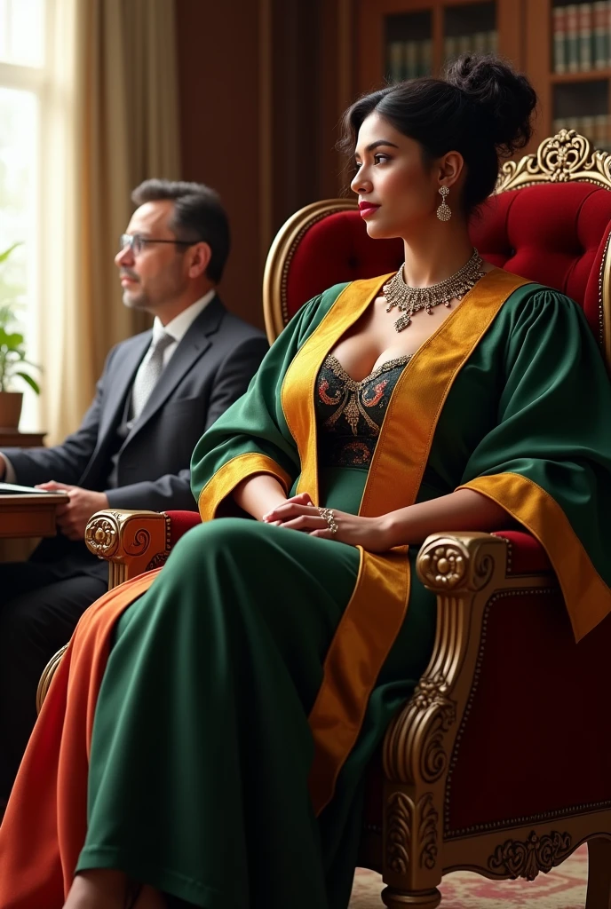 Wearing full body Academic regalia wealthy sri lankan average beautiful girl(big breasts and butt) sit in chair with sri lankan wealthy age 35 man with spec's (software,electrical,garments companies owner)