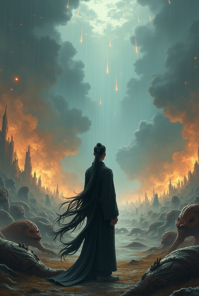 A young man with long hair on his back, tied with a tail and practices the path of the Dao in appropriate black clothing, As you look into the distance you see a battlefield with dead species of elves, dragons, giants among others while the sky collapses and meteorites fall . Make it lively and bizarre