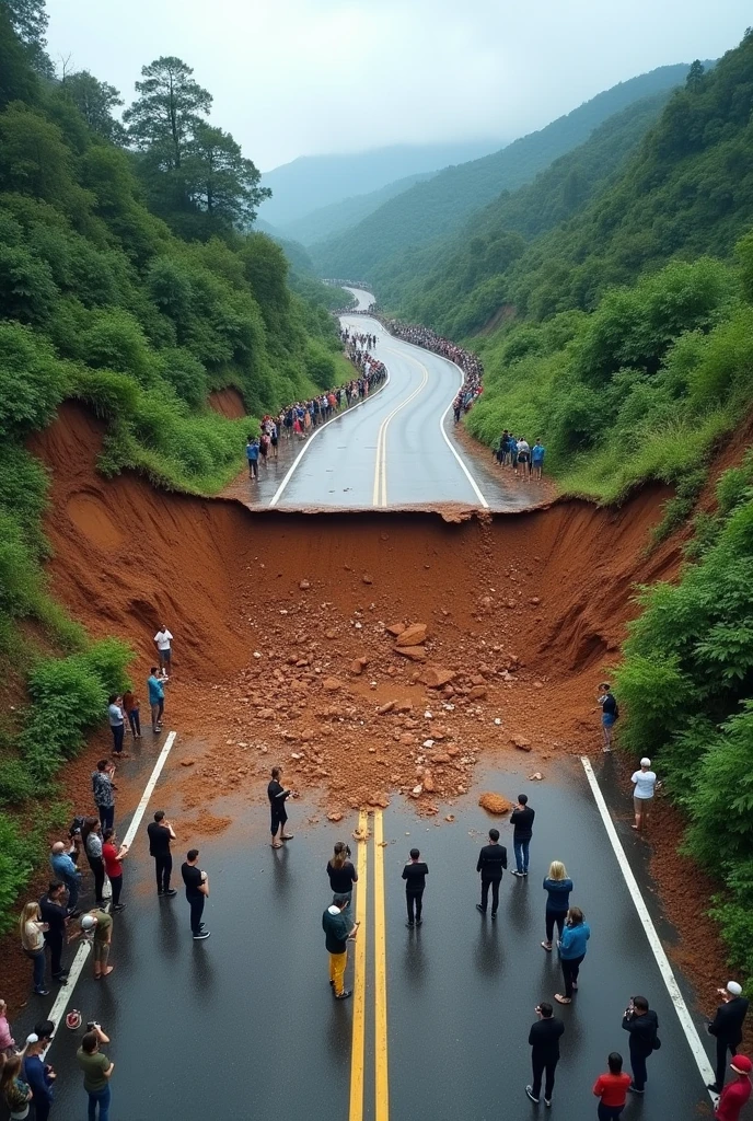 Imagine u are drone at the sky and take a picture about a landslide happened at the road and the landslide are blocking peoples way and people are taking photo of it,please picture it from ur side cuz u are drone