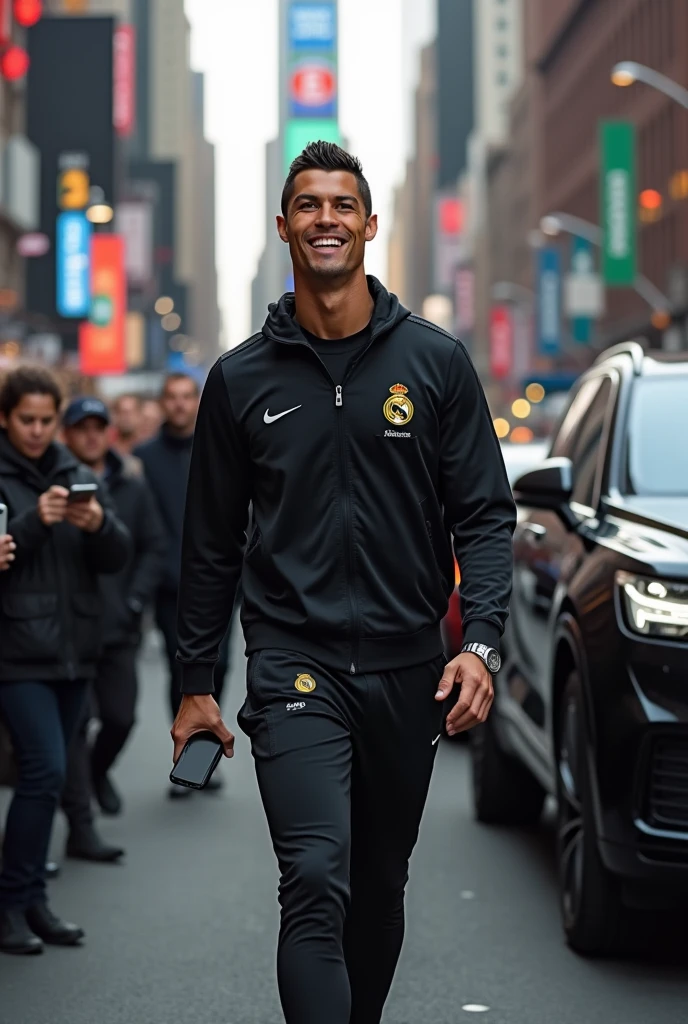 Cristiano Ronaldo sur les rues de new York , porte un survêtement de real madrid noir,avec un cortège des voitures de luxes et les gens le film et il souris,manipule sont téléphone