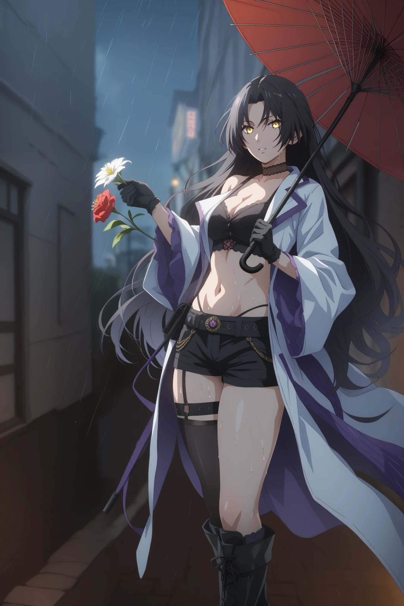 (hero neisan art style:0.7), (harayutaka art style:0.7), score_9, score_8_up, score_7_up, score_6_up, uncensored, dominique de sade, long hair, black hair, parted bangs, yellow eyes, BREAK detailed eyes, (perfect hands, perfect anatomy), detailed skin texture, (blush:0.5), (goosebumps:0.5), subsurface scattering, cinematic, Sharp focus, humorous illustration, big depth of field, Masterpiece, concept art, trending on artstation, Vivid colors, Simplified style, trending on ArtStation, trending on CGSociety, Intricate, Vibrant colors, Soft Shading, Simplistic Features, Sharp Angles, Playful, excessive sweating, sweating profusely, sweating drop BREAK, moolight, falling flower, umbrella, alleyway, 1girl, solo, red umbrella, stomach, breasts, black choker, shorts, navel, umbrella, black shorts, midriff, choker, short shorts, standing, gloves, crop top, medium breasts, black gloves, holding, thighs, boots, white coat, coat, looking at viewer, oil-paper umbrella, cleavage, holding umbrella, flower, single bare shoulder, black footwear