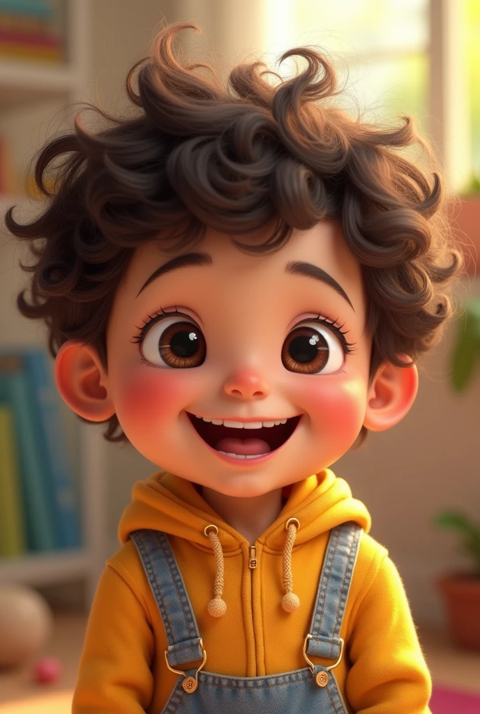 with dark brown eyes and cheerful curls