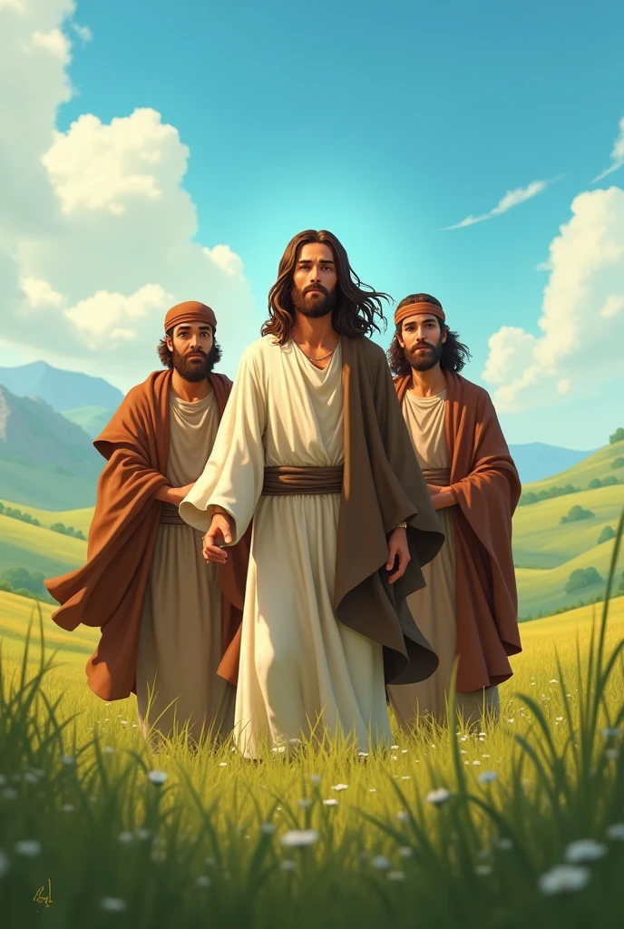 generates Jesus of Nazareth with two Jewish men in the background a beautiful field and a blue sky Disney Pixar style AI