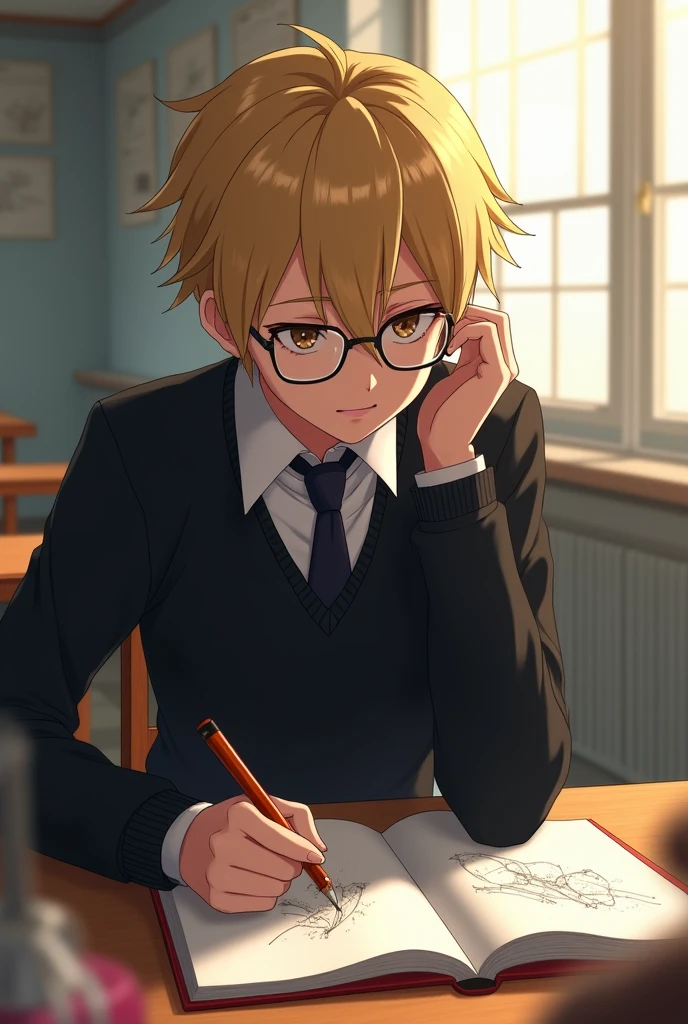 A boy, quite nervous , weak-looking and wearing glasses, blond hair, gentle smile, and hazel eyes, Nervous and shy personality wears a black school uniform, He is tall and is drawing in his notebook at his desk, a little mature anime style or