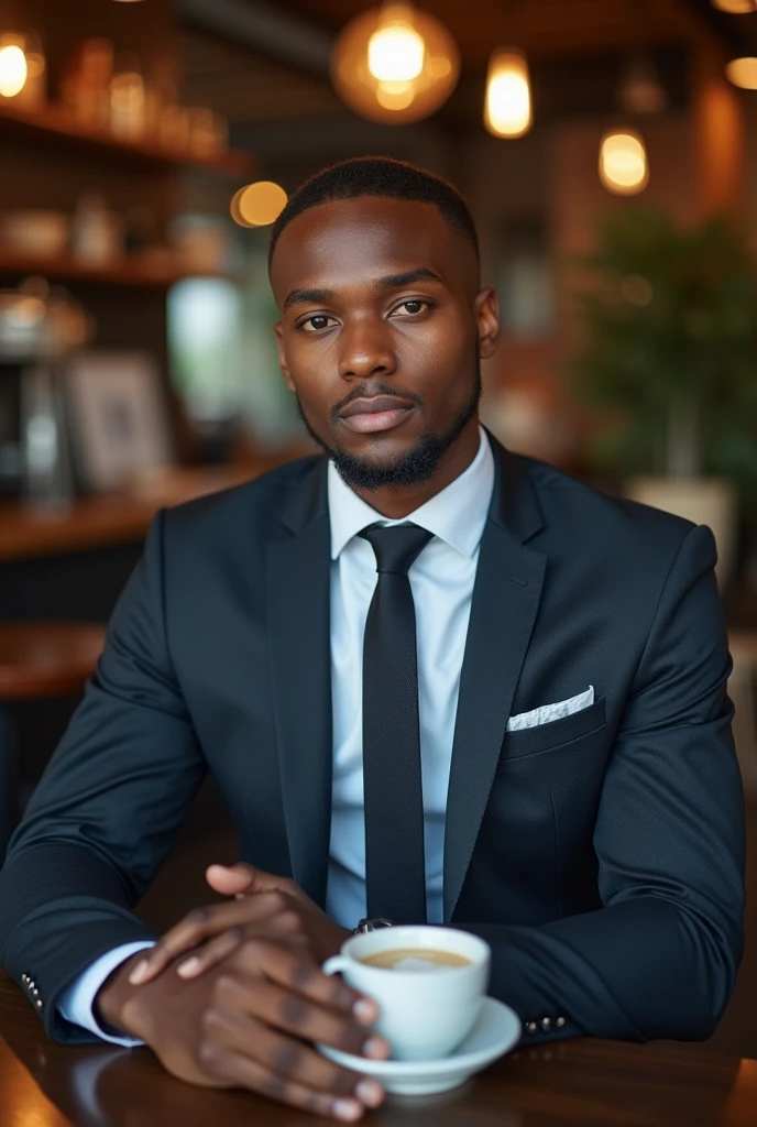 Somali boy age 25 wearing suit sitting in the coffee shop French crop haircut seening the camera