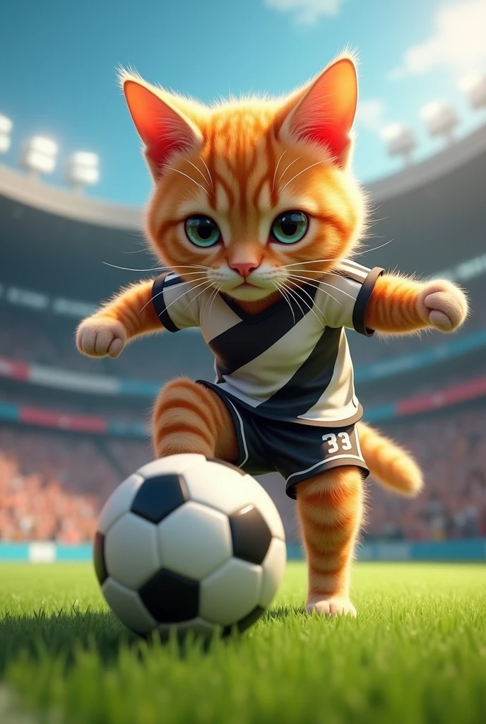 Cat playing soccer with black and white diagonal striped shirt