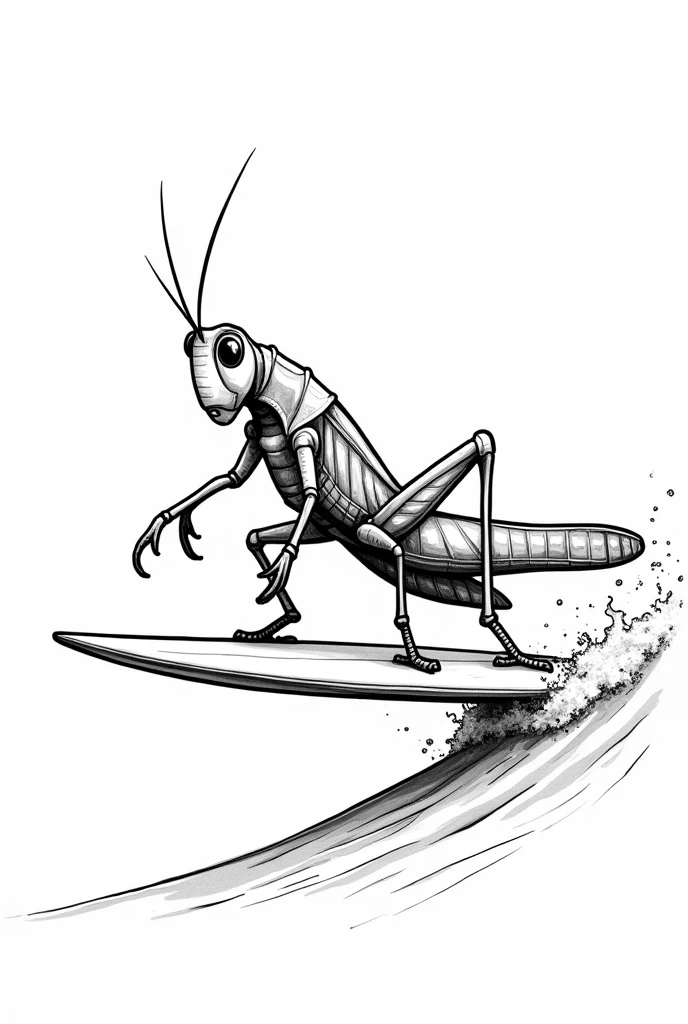 a grasshopper surfing. the image must be in black and white plus drawing format and white background 
